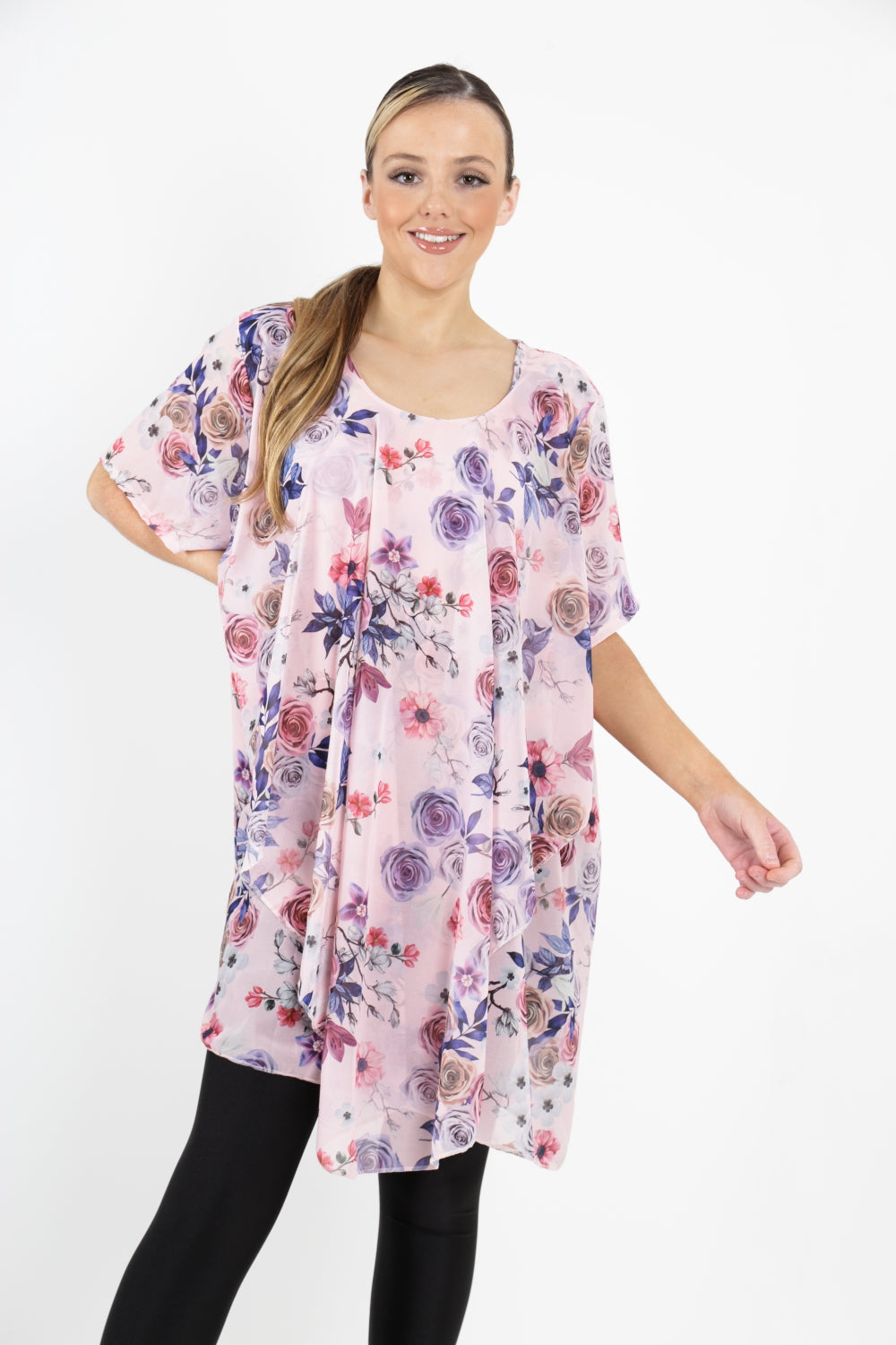 Italian Floral Print Double Layered Short Sleeve Top