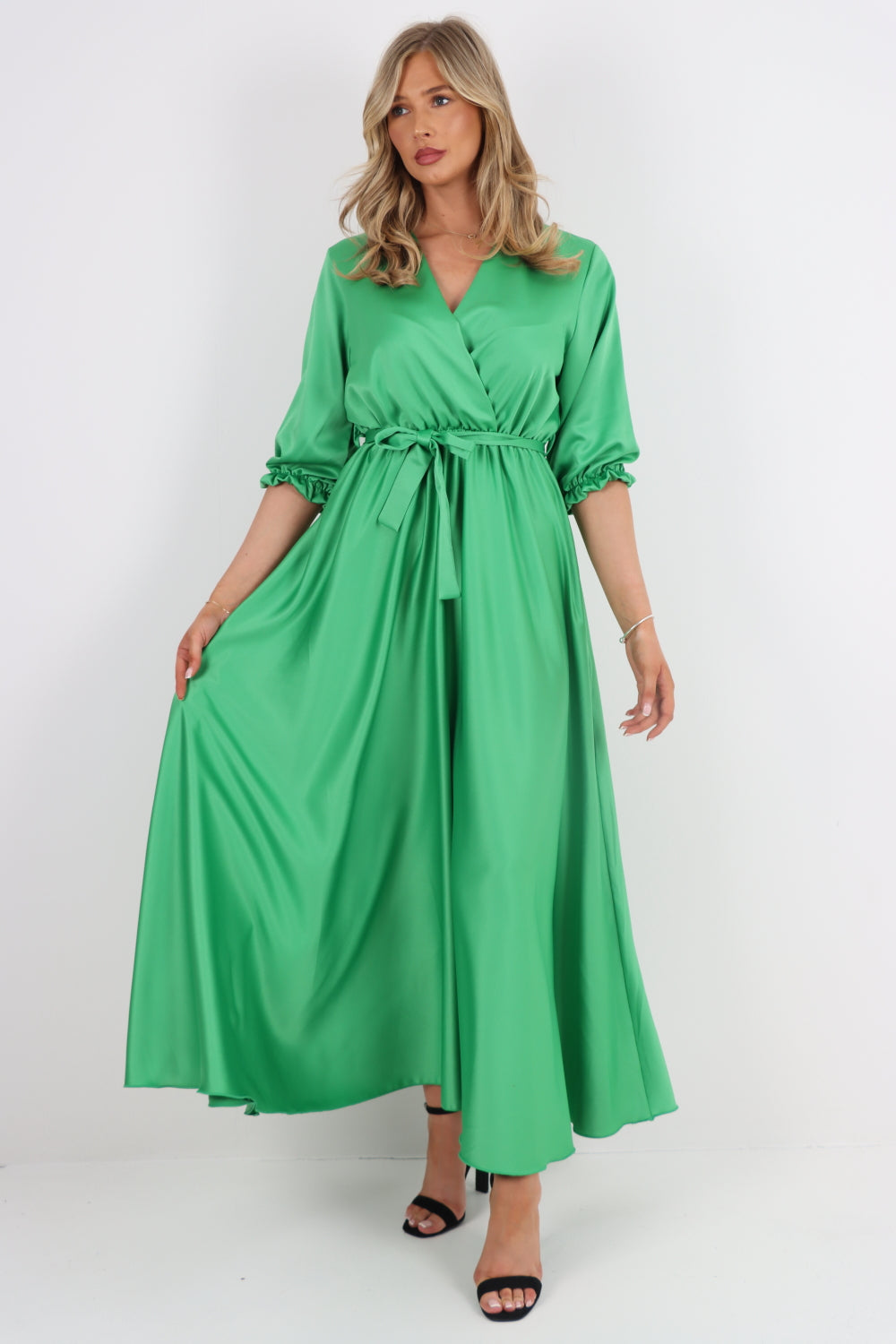 Italian Satin Wrap Over Belted Maxi Dress