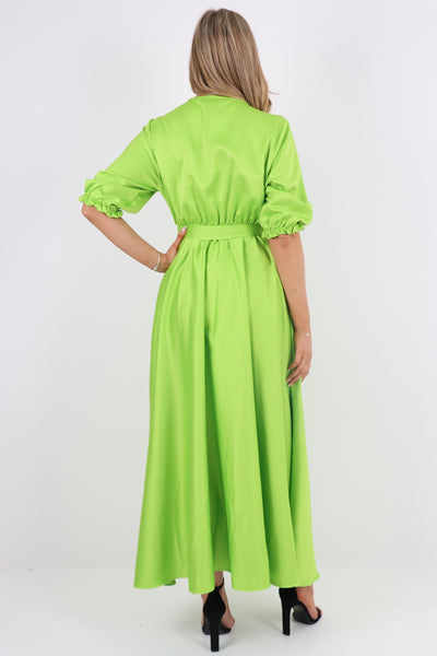 Italian Satin Wrap Over Belted Maxi Dress
