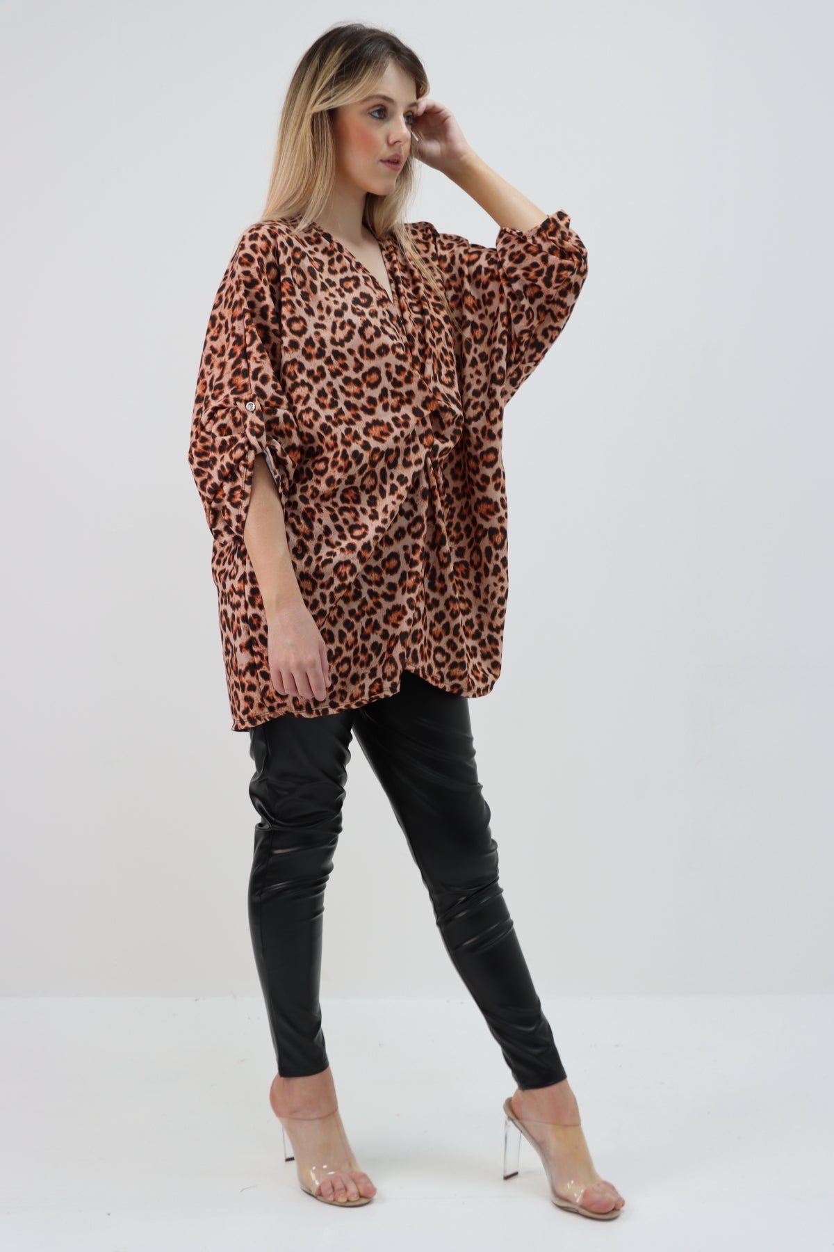 Italian Leopard Print Twisted Front Batwing Oversized Top