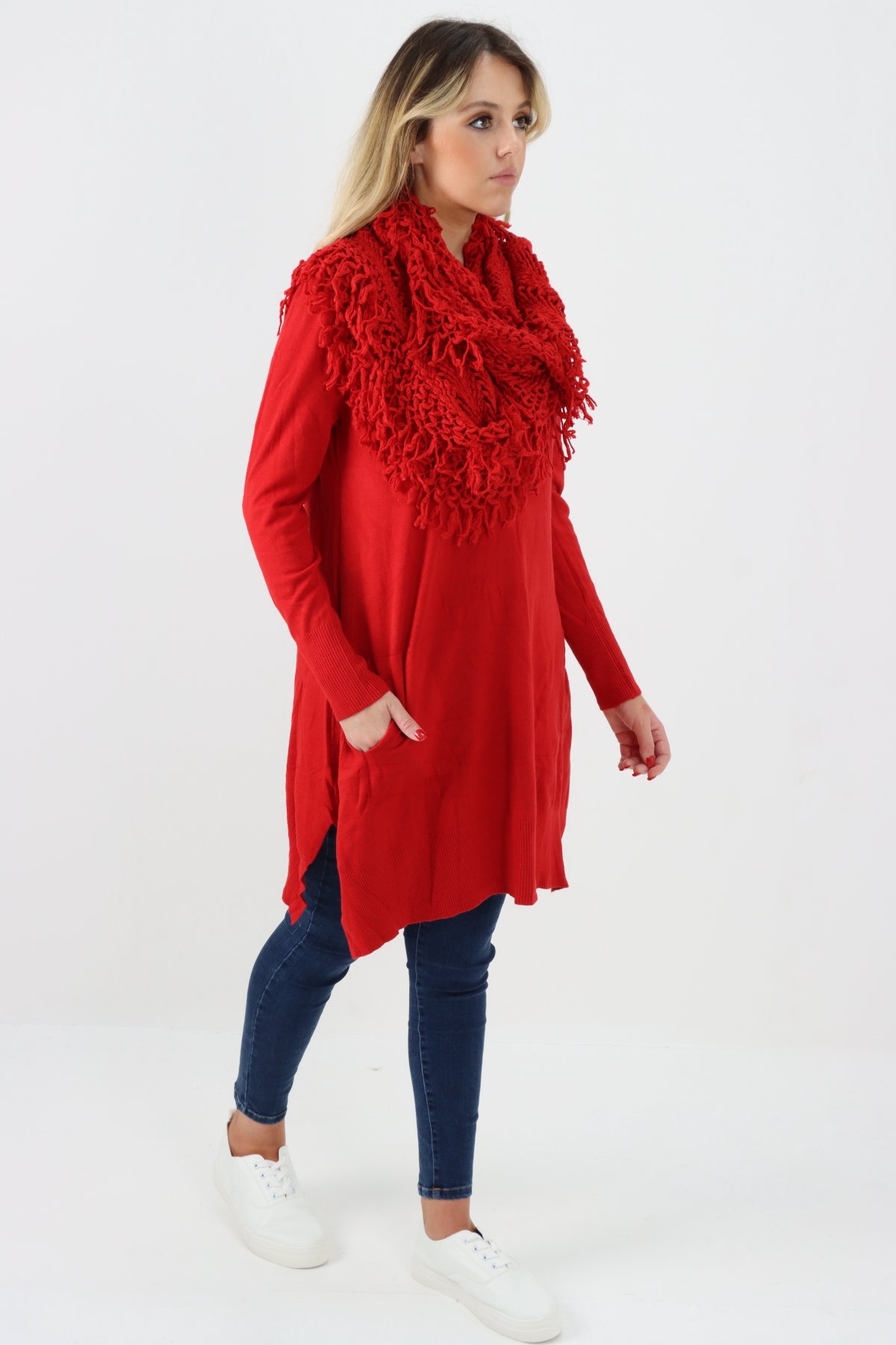 Italian Plain Long Sleeve Jumper With Crochet Knit Scarf