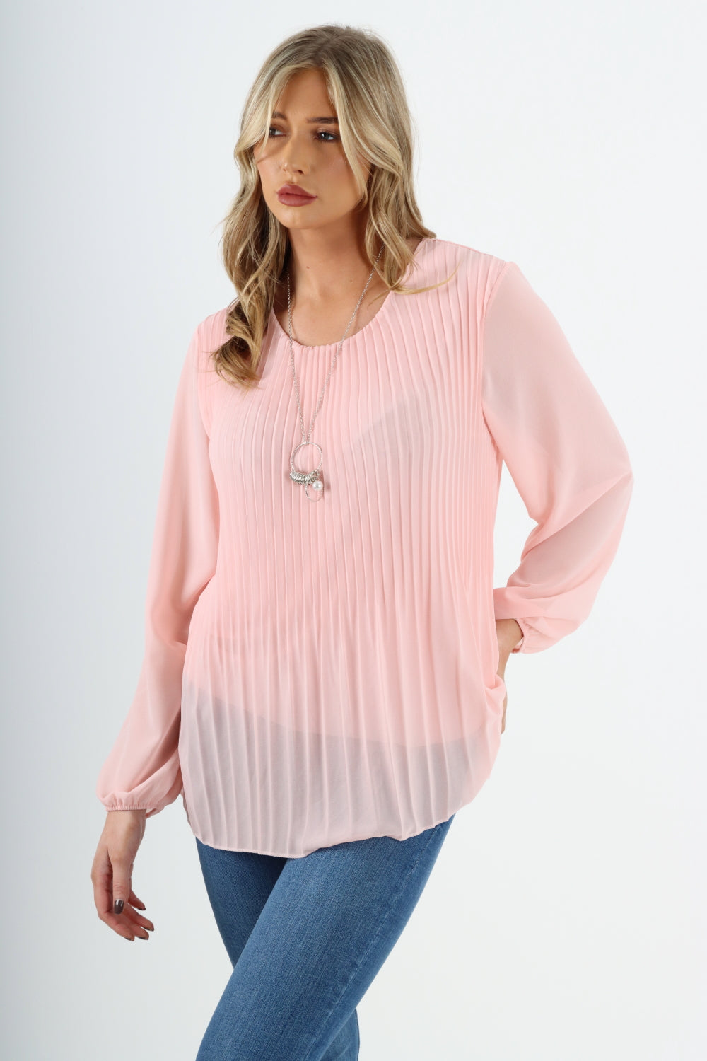 Plain Pleated Necklace Chiffon Top