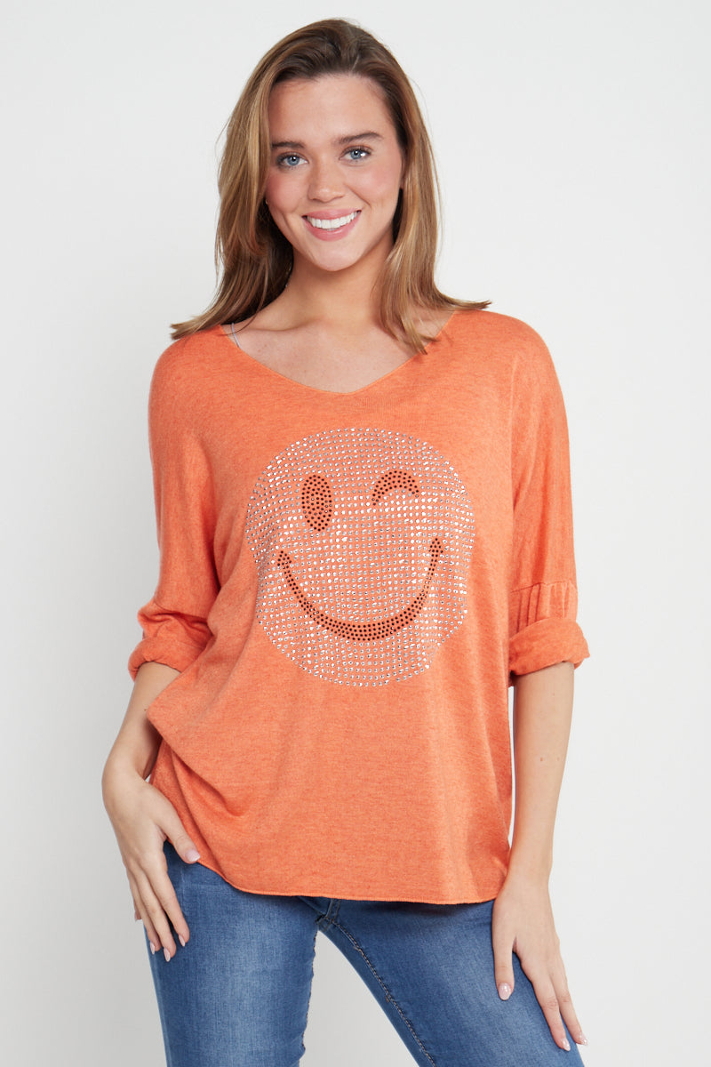 Italian Smiley Face Stud Print Soft Knit Top