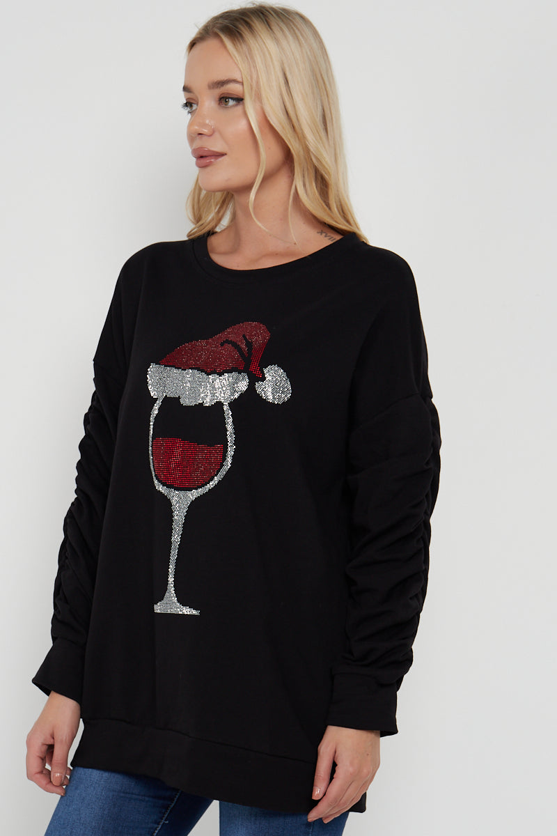 Italian Prosecco Santa Hat Print Ruched Sleeve Top | Miss Bold