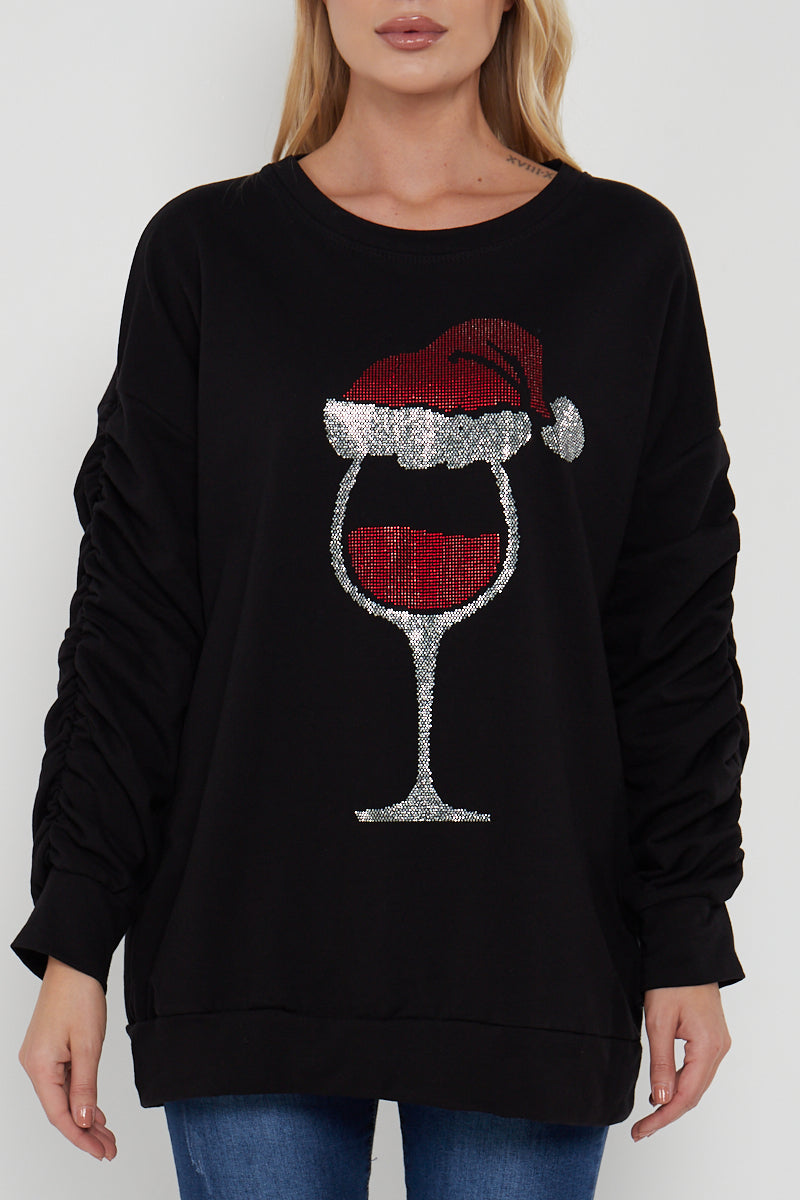 Italian Prosecco Santa Hat Print Ruched Sleeve Top | Miss Bold