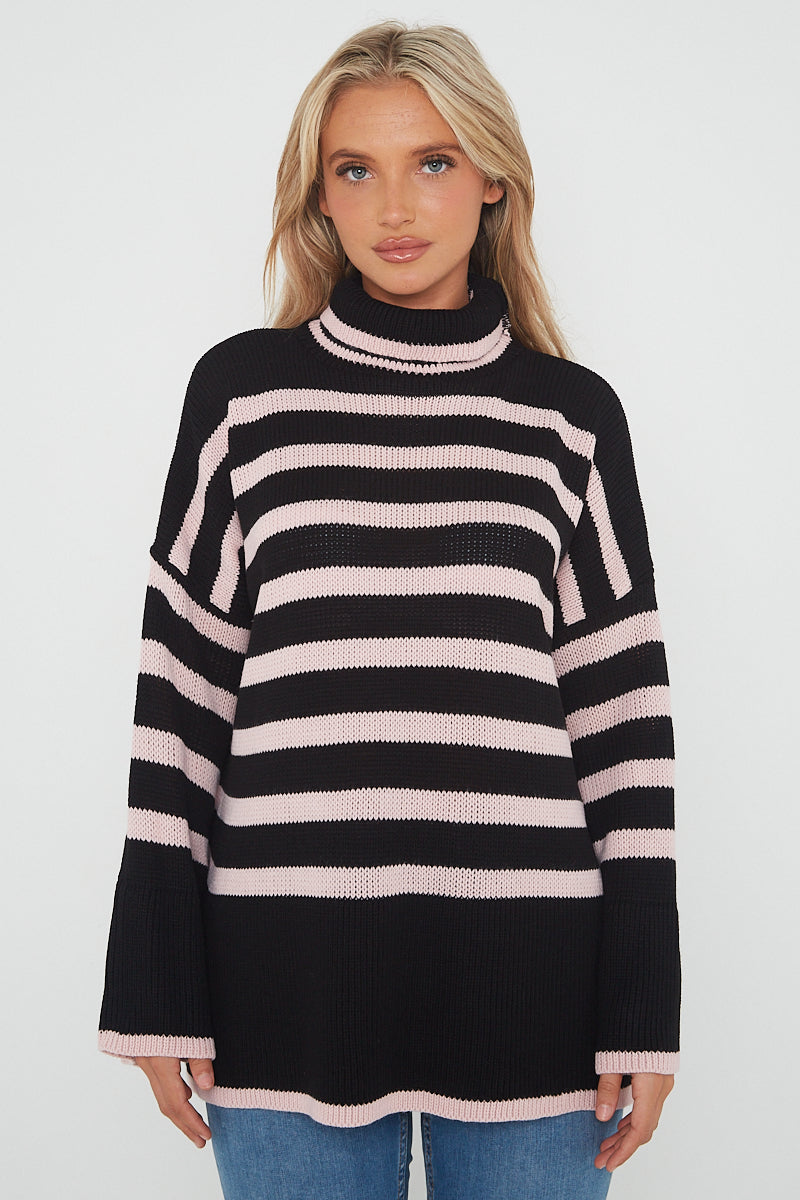 Striped Chunky Knit Cowl Neck Jumper Top