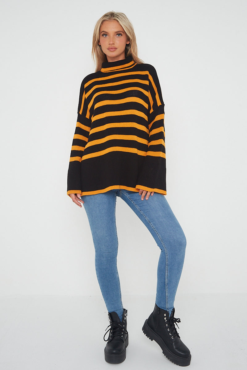 Striped Chunky Knit Cowl Neck Jumper Top