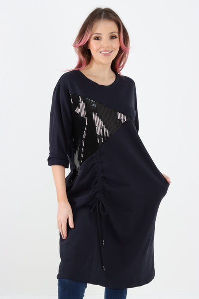 Italian Sequin Panel Ruched String Detail Jersey Tunic