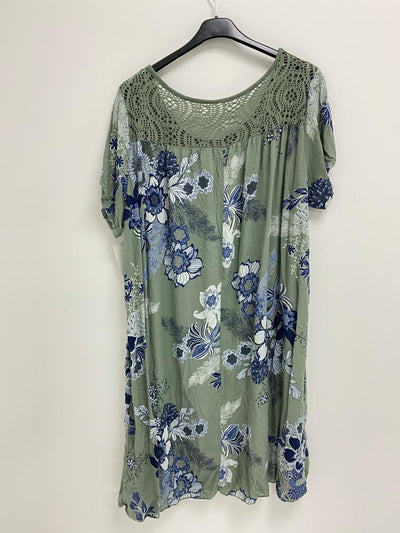 Italian Floral Print Crochet Shoulder Tunic Dress