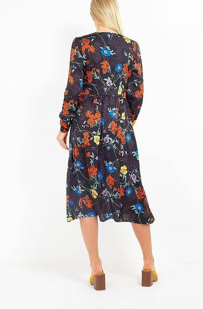 Long Sleeve V Neck Floral Print Midi Dress | Miss Bold