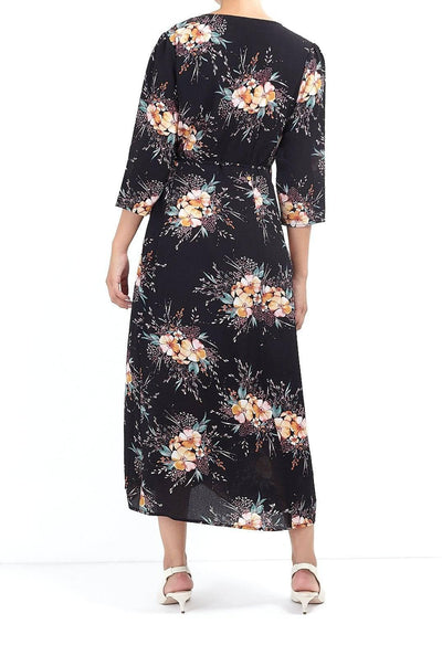 Long Length Black Floral Print Wrap Dress | Miss Bold