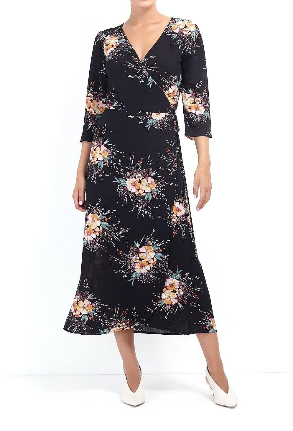 Long Length Black Floral Print Wrap Dress | Miss Bold