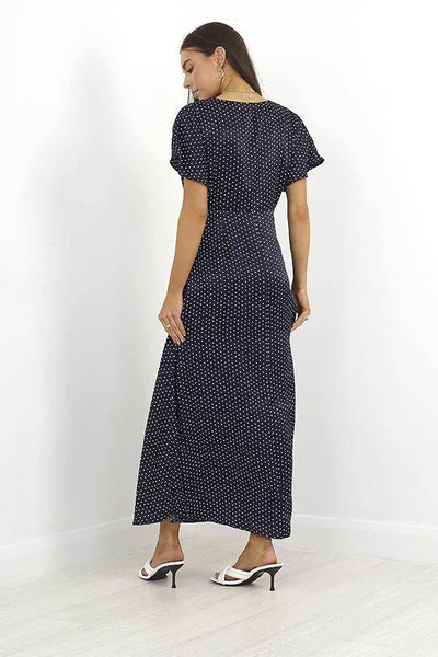 Navy Polka Dot Print Long Length V Neck Dress | Miss Bold