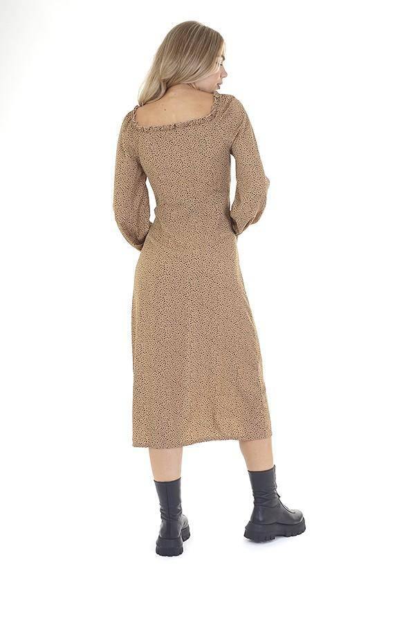 Brown Spot Print Ruffle Sweetheart Neck Long Dress | Miss Bold