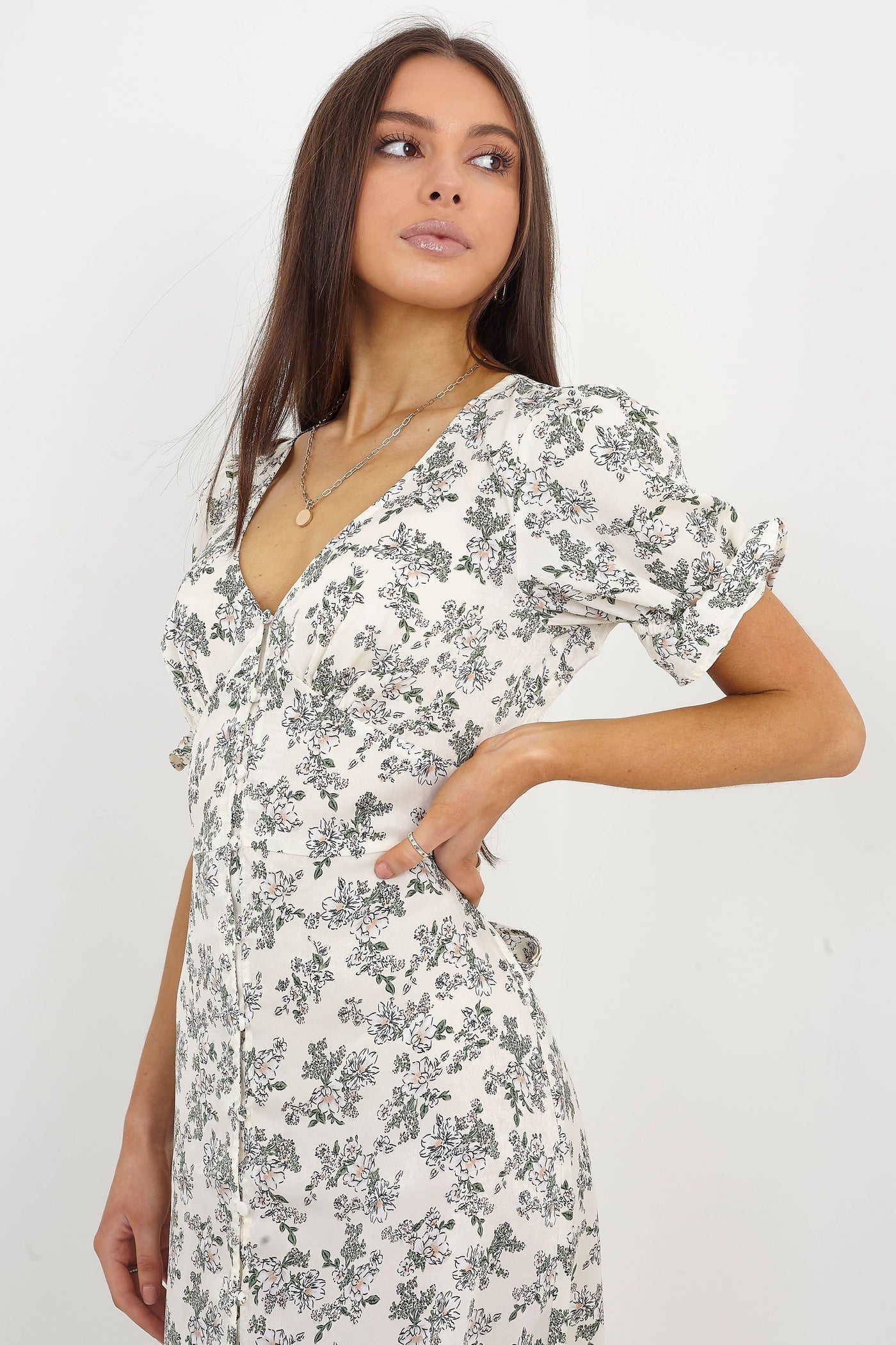 Cream Floral Print V-Neck Buttoned Midi Dress | Miss Bold