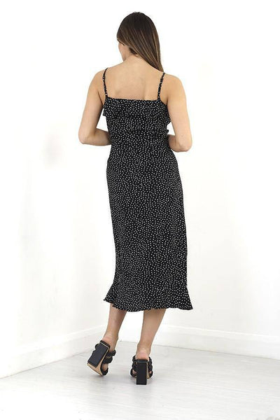 Black Spotty Midi Frilly Vest Wrap Dress | Miss Bold