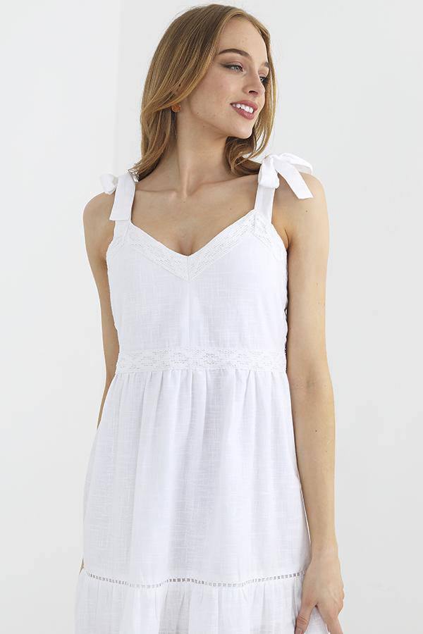 White Vest Tie Strap Lace Trim Detail Midi Dress | Miss Bold