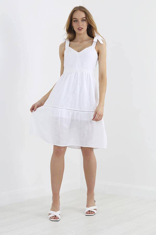 White Vest Tie Strap Lace Trim Detail Midi Dress | Miss Bold
