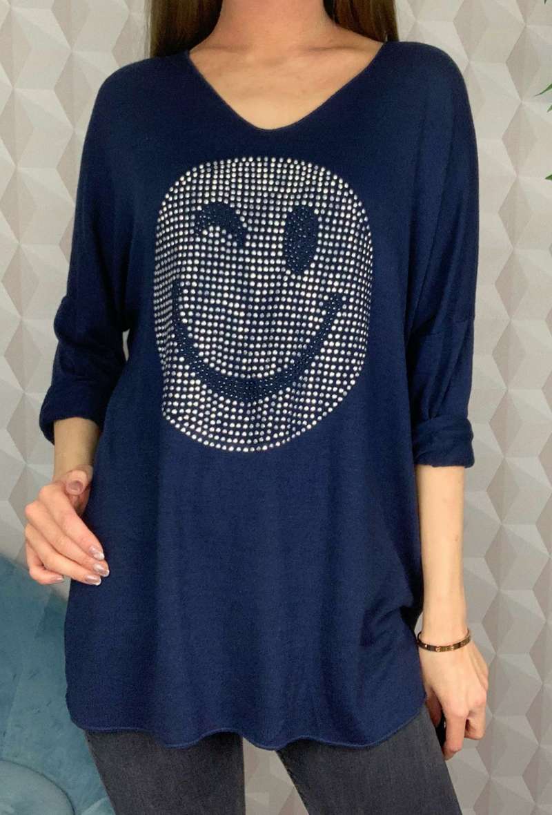 Italian Smiley Face Stud Print Soft Knit Top